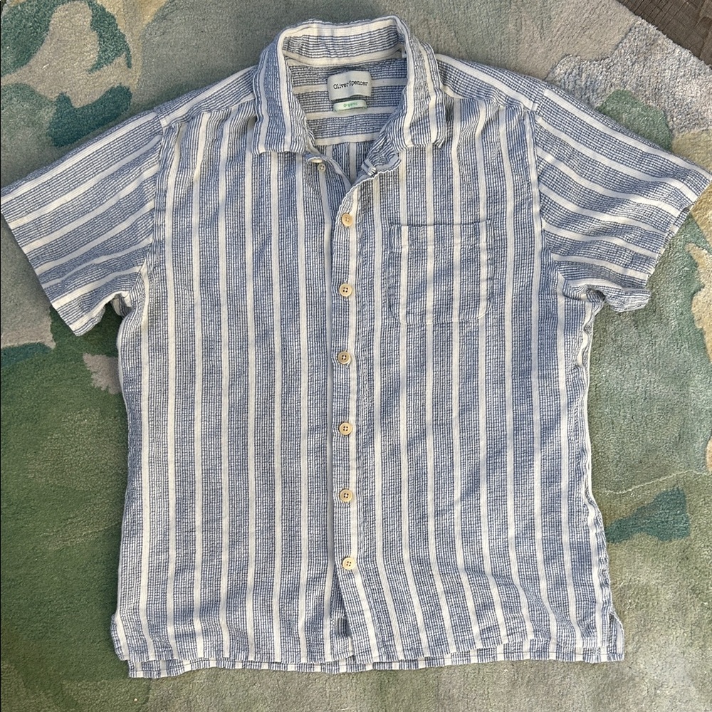 Oliver Spencer Blue & Cream Striped Button-Down Mens Shirt, Size Small, Spring